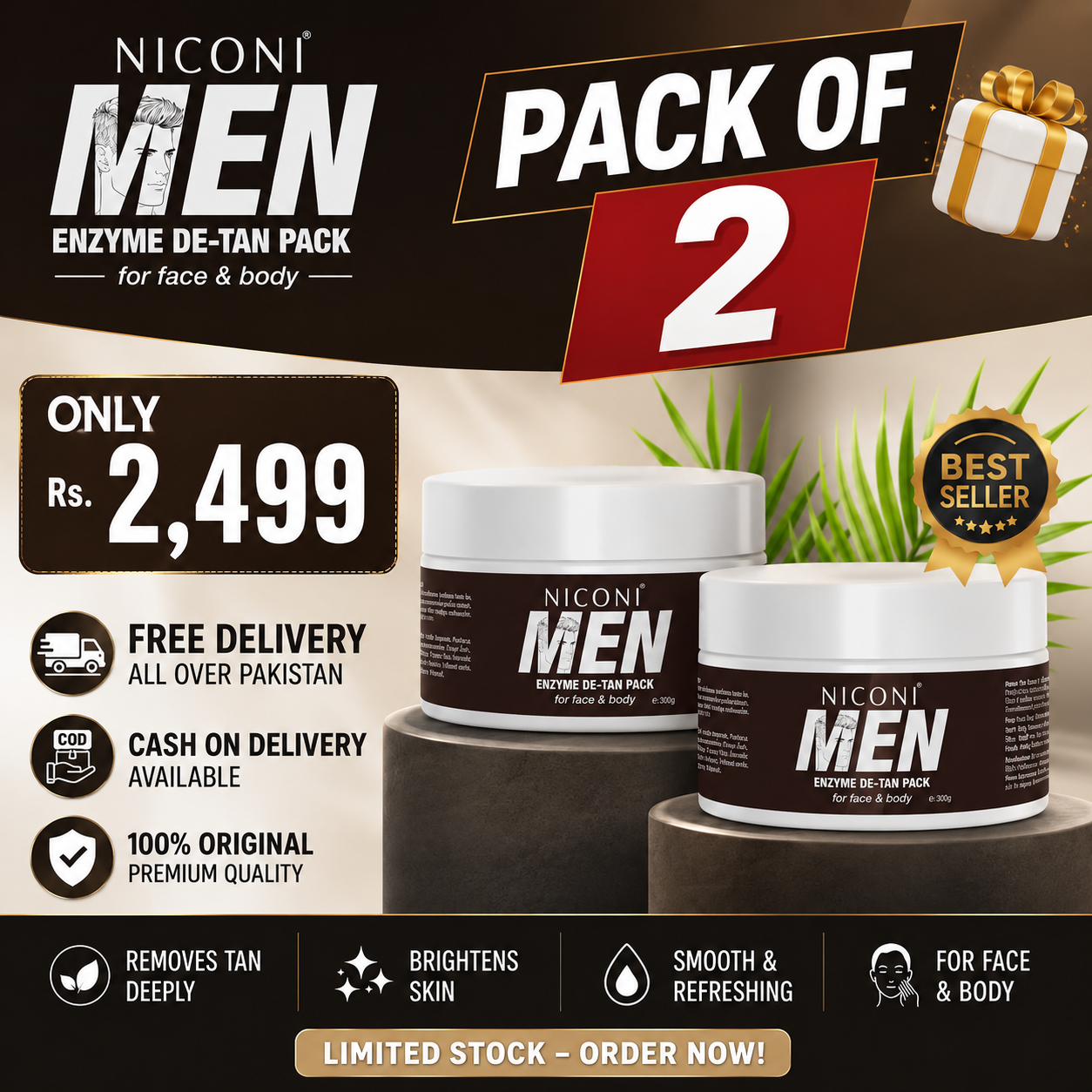 Pack of 2 | Niconi Men Enzyme De-Tan Pack For Face & Body (300g)